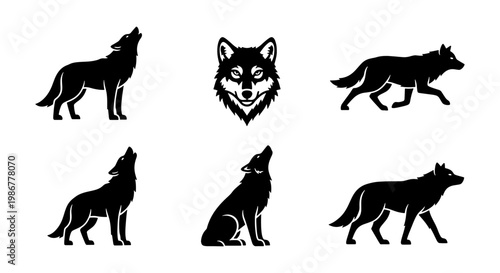 Black wolf silhouette vector set, howling wolf and predator head icons, 6 wild animal elements for outdoor logos and wilderness branding