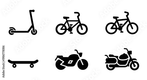 Minimalist transport icons set, black silhouette bicycle and motorcycle vector elements, electric scooter and skateboard symbols for urban mobility