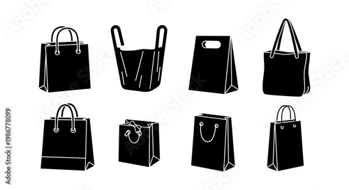 Black shopping bag vector icons set, retail paper bags with handles, 8 commercial packaging silhouettes for boutique and grocery store branding