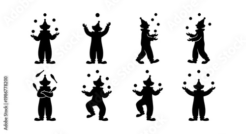 Circus clown silhouette icons, set of 8 juggling entertainer vector graphics, black jester figures performing with balls and clubs for carnival events