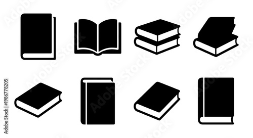 Minimalist book icon set, 8 black vector silhouettes of textbooks and literature, library and education symbols for web design and publishing
