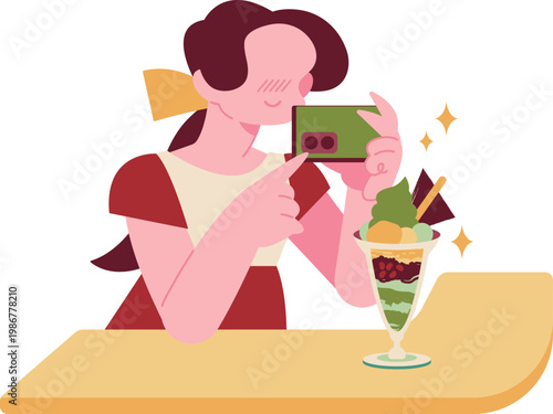 小豆や栗や白玉と入った華やかで美味しそうな抹茶パフェに喜び写真を撮る女性・A woman happily takes a photo of a beautifully topped parfait.