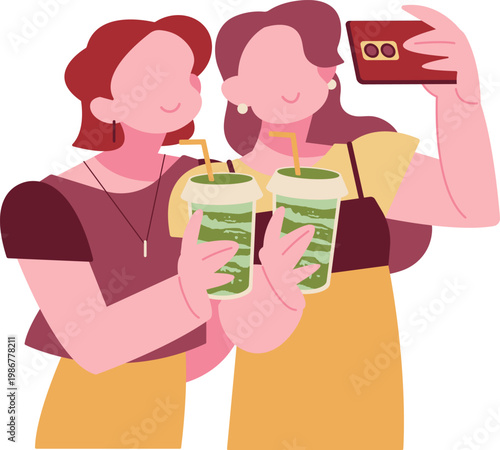 お揃いの抹茶ドリンクを手にインカメで写真を撮る女性達・Two women, each holding a matching matcha drink, are happily taking pictures with their phones.