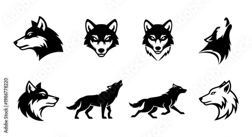 Wolf head mascot and silhouette collection, 8 black and white wolf icons, howling and running wild animal vector set for sports team logos