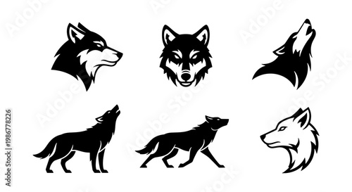 Wolf head mascot and silhouette collection, 6 black vector wolf icons, howling wild animal logo set, minimalist predator canine illustrations