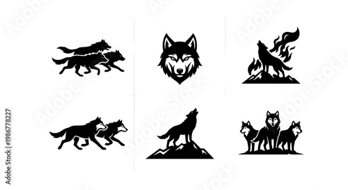 Wolf logo collection, black silhouette wolf icons set of 6, howling wild animal vectors, minimalist predator mascot symbols for branding