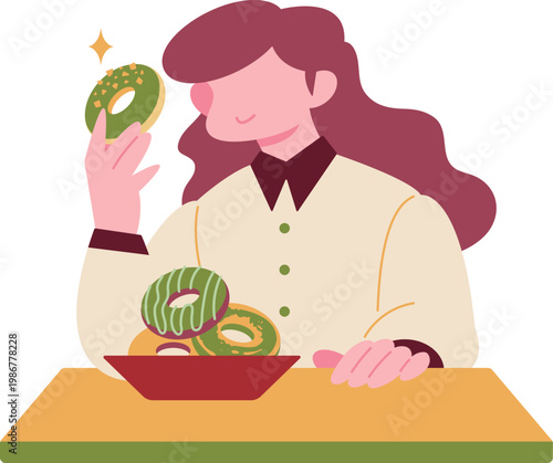 様々な抹茶ドーナツの一つを手に持ち嬉しそうに微笑む女性・An illustration of a woman happily holding a matcha donut.