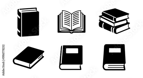 Minimalist book icon set with 6 black vector elements, flat library and education symbols, open and closed textbook illustrations for web design