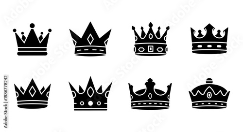 Royal crown icons set, black silhouette king and queen headwear, 8 elegant imperial coronet symbols, heraldic jewelry vector elements for logo design