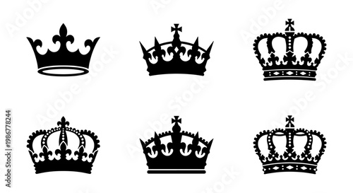 Royal crown silhouette collection, set of 6 black heraldic crowns, majestic monarch headwear icons, vintage imperial coronet vector elements