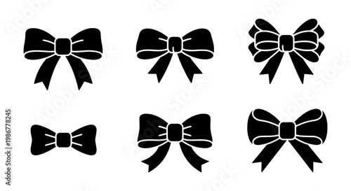 Black ribbon bow icons set, elegant decorative gift bows collection, 6 vector silhouettes for wedding invitations and holiday packaging