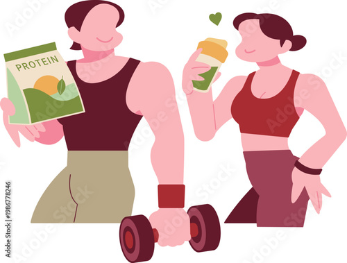 トレーニングや運動の合間に抹茶味のプロテインを楽しむ男女・An illustration of a man and a woman consuming matcha-flavored protein during a break from training or exercise.