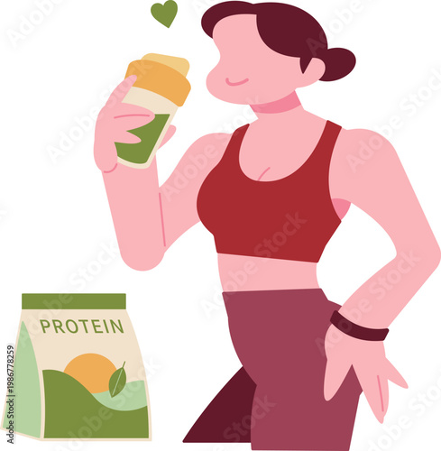 トレーニングや運動の合間に抹茶味のプロテインを楽しむ女性・A woman who likes to drink matcha-flavored protein during breaks from training or exercise.