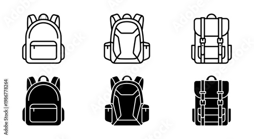 Minimalist backpack icon set, 6 vector school bag line and silhouette illustrations, travel rucksack and hiking pack symbols for web design