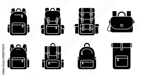 Black backpack icon set, flat vector rucksack collection for travel and school, 8 solid silhouette bag symbols for outdoor hiking and camping gear