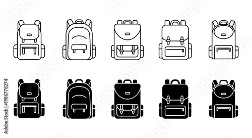 Minimalist backpack icon set, 10 school bag vector elements in line and silhouette styles, travel rucksack symbols for education and hiking apps