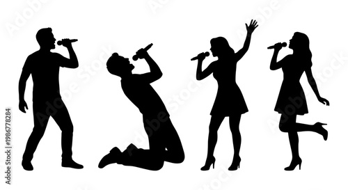 Black silhouettes of singers with microphones, set of male and female vocalists performing, musical artist silhouettes for concert posters and karaoke events