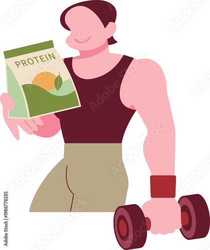 抹茶味のプロテインとダンベルを持つマッチョの男性・A muscular man holding matcha-flavored protein powder and dumbbells.