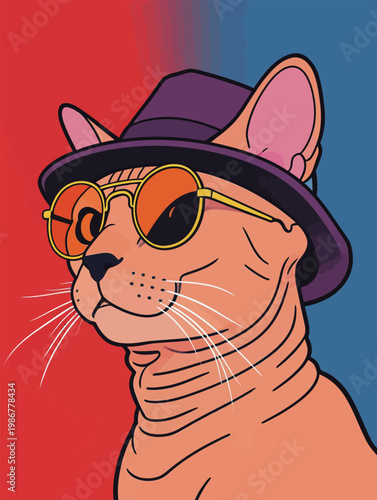 Stylish Sphynx Cat in Hat and Sunglasses