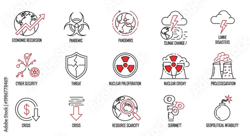 Icons depicting various global risks and potential threats to stability.