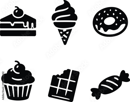 Black silhouette dessert icons cake ice cream donut cupcake chocolate and candy
