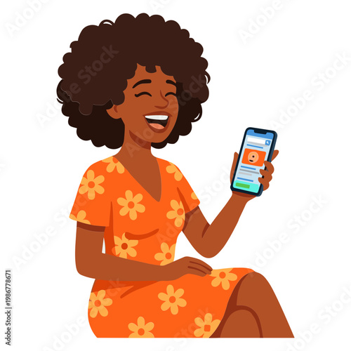 Woman sitting and smiling while using a smartphone