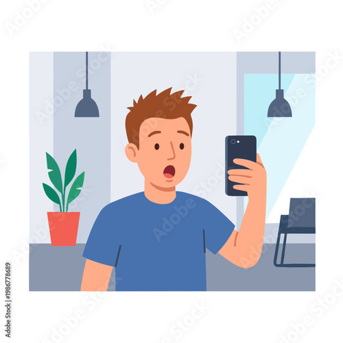 Man takes selfie in modern living room with shocked expression on phone