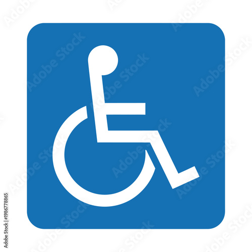 Blue and white wheelchair accessibility symbol on a square background