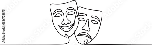 World theater day banner design, with character mask sketch, continuous one line drawing, vector illustration. one line Icon drawing