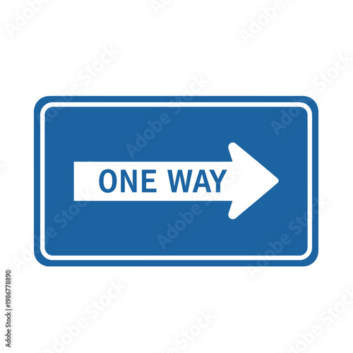 Blue One Way Street Sign with White Arrow and Text