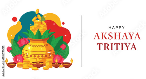 Happy Akshaya Tritiya Celebration With Gold Coins, Kalash, Diyas and Lotus Flowers