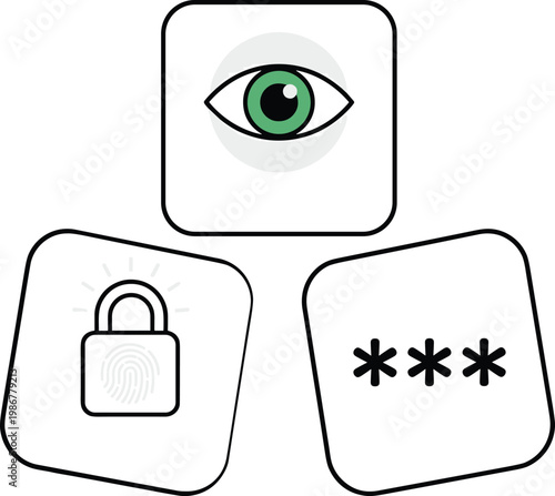 Digital security authentication icon set, eye recognition, fingerprint lock, password protection, secure access methods illustration