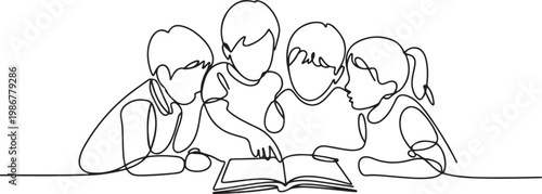 continuous line drawing of group of children reading book together.one line drawing for education, knowledge concept. one line Icon drawing