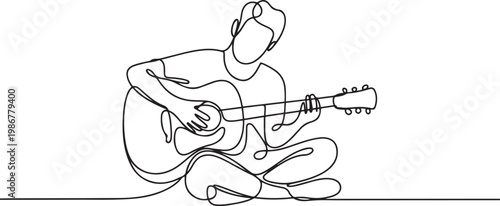 continuous line singing and playing acoustic guitar. single line drawing youtuber. one line Icon drawing
