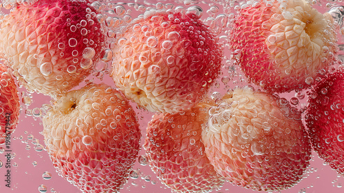Fresh lychee fruits submerged in sparkling water with bubbles on pink background in vibrant tropical food composition