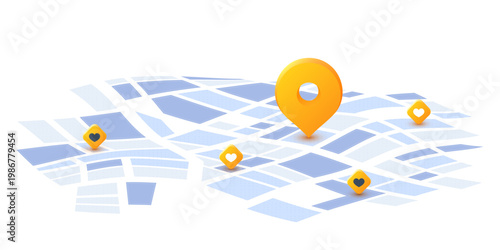 Minimalist 3D City Map with Location Pin and Heart Markers