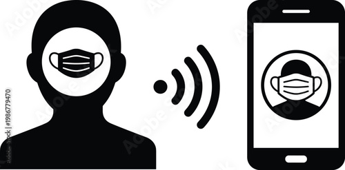 Face mask communication icon with smartphone, wireless signal waves, digital interaction silhouette, remote video call health safety design