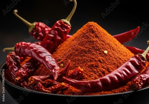 Spicy red chili peppers piled beside a mound of vibrant red chili powder on a dark plate.