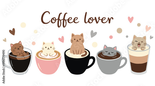 Cute cat coffee lover illustration with adorable kittens sitting in coffee cups.
