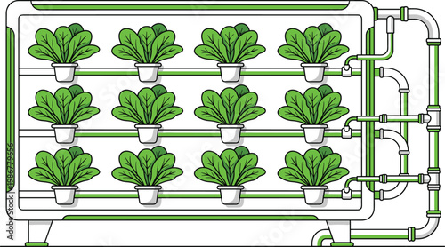  Hydroponic farming system with tiered plant growth, nutrient water circulation pipes, modern indoor agriculture illustration, space-efficient sustainable design