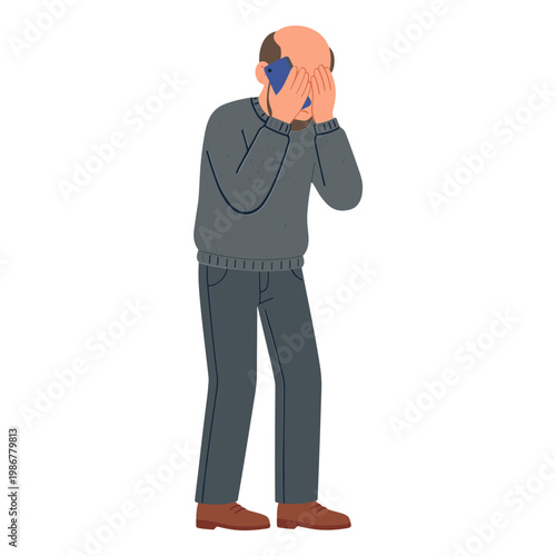 Man covers face with hands showing emotions and sadness in a simple illustration