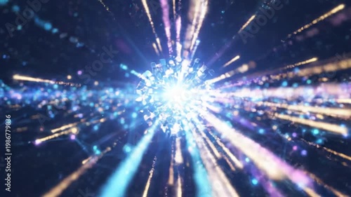 Abstract glowing light streaks and particles exploding outwards from a bright central core in deep space