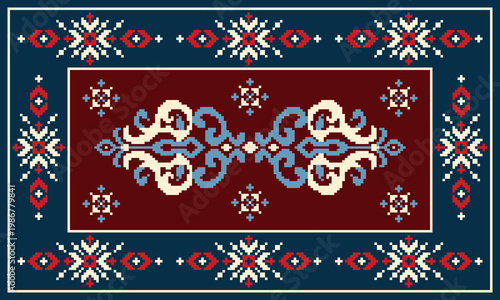 A variety of patterns in geometric shapes decorate the entire surface, designed for background decoration on fabrics and rugs.