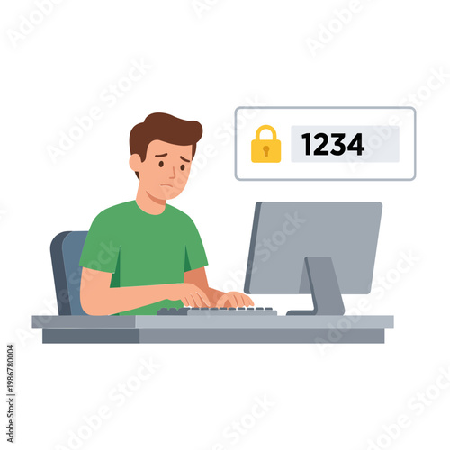 Man sitting at desk typing on computer with password lock on screen