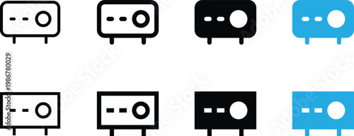 Set of projector icons in various styles, representing presentation, media, or video equipment