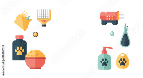 This vector illustration features various pet care items like grooming brushes, food bowls, and shampoo bottles arranged on a white background.