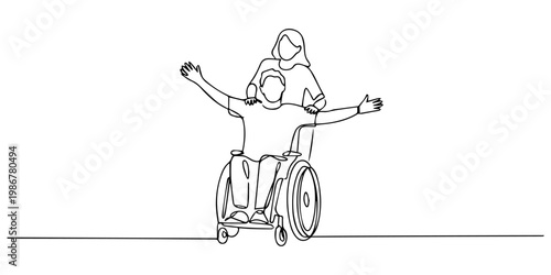 A cheerful man raises arms while a woman assists his wheelchair in continuous line drawing, A determined person in a wheelchair celebrates a personal triumph, arms raised in victory, marking National.