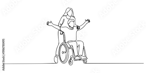 A cheerful man raises arms while a woman assists his wheelchair in continuous line drawing, A determined person in a wheelchair celebrates a personal triumph, arms raised in victory, marking National.