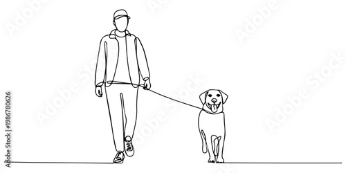 Continuous line drawing of a person walking a dog on a leash showcasing companionship and outdoor activity, Linear artwork showcasing a person's silhouette walking a dog on a leash, set against a one.