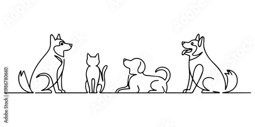 dog cat continuous line pets sitting side by side back silhouettes, dog cat line drawing four pets continuous single line illustration, four pets including cat and three dogs minimal style pro vector.